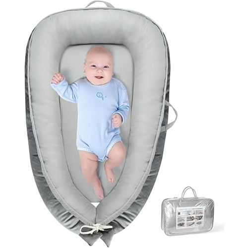 Baby Lounger - Baby Lounger for Newborn 0-24 Months, Breathable & Soft Cotton and Velvet Cover Co Sleeping Baby Nest, Baby Essentials & Shower Gifts, Portable Infant Lounger for Home and Travel