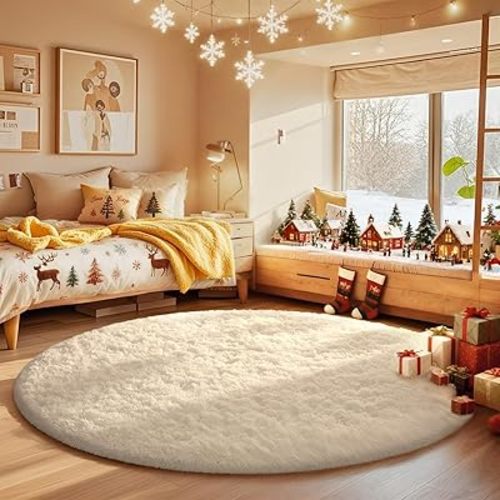 Ophanie Round Rugs 5Ft Ivory Circle Area Rug, Nursery Room Decor, Christmas Aesthetic Bedroom Home Circular Carpet 5 Foot, Fluffy Fuzzy Shag Plush Cream Living Room Rugs for Kids Boys Girls Teen Baby