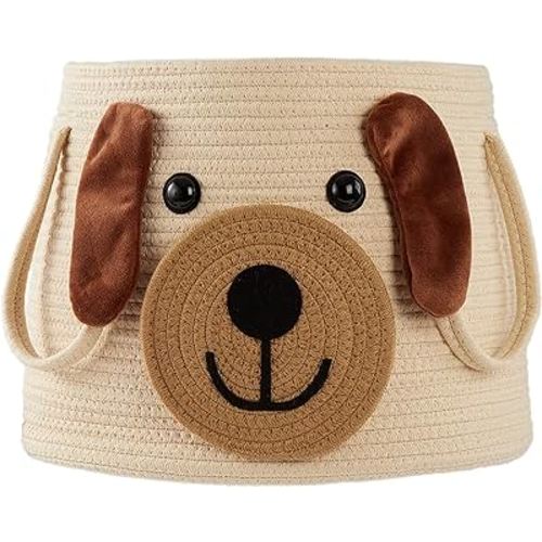 Large Dog Woven Basket with handles, Cute Laundry Basket, Toy Storage Basket, Baby Gift Basket, Animal Basket for Nursery, Clothes, Towels, Dog/Cat Toys