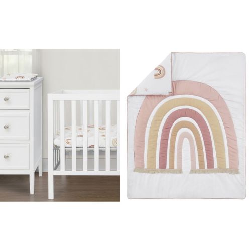 Sweet Jojo Designs Girl Baby Mini Crib Bedding Set - Boho Rainbow Pink Beige And Taupe 3pc
