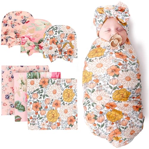 DRESHOW BQUBO Newborn Floral Receiving Blankets Newborn Baby Swaddling Hats Sleepsack Toddler Warm Shower Gift 3 Pack