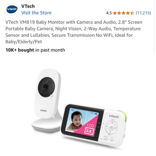 VTech VM819 Baby Monitor with Camera and Audio, 2.8” Screen Portable Baby Camera, Night Vision, 2-Way Audio, Temperature Sensor and Lullabies, Secure Transmission No WiFi, Ideal for Baby/Elderly/Pet