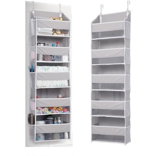 ULG 1 Pack Over Door Organizer with 5 Large Pockets 10 Mesh Side Pockets, 44 lbs Weight Capacity Hanging Storage Organizer with Clear Window for Kids Toys, Shoes, Diapers, Grey, 5 Layer