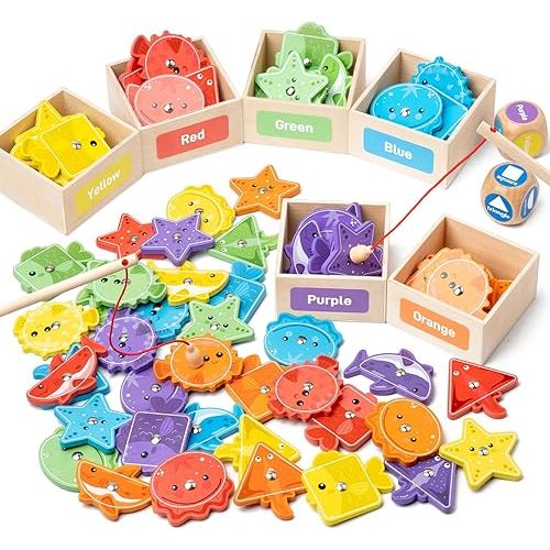 Busy edition Montessori Toys for Toddlers 1-3, Wooden Magnetic Fishing Games for Kids 3-5, Color Sorting Educational Toys for 3+ Year Old Boys Girls, Preschool Learning Toys for Toddlers 2-4 Years