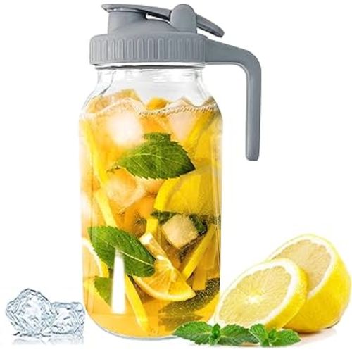 64 oz Pitcher Mason Jar - Heavy Duty Wide Mouth Jar with Flip Cap Lid and Pour Spout - Airtight Seal for Freshness and Convenience - Great for Cold Beverages, Breast Milk, and Home Entertaining