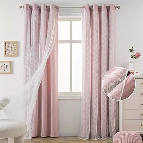 MYSKY HOME Pink Curtains for Bedroom 90 Inch Long Curtains for Liiving Room Double Layer Nursery Curtains Tiebacks Cute Polka Dots Sheer for Toddler Grommet Room Darkening Window Panels 52 x 90 in