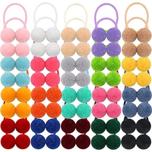 Qearl Hair Ties, 40 Pieces Pom Pom Elastic Hair Ties - 20 Colors Fluffy Velvet Ponytail Holders and Rubber Bands for Baby Girls, Toddlers, Infants, and Kids