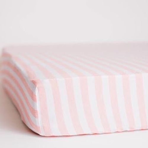 NODNAL CO. Pink Pack n Play Playard Portable Mini Crib Fitted Sheet for Baby Mattress - Jersey Knit Cotton for Baby Girl Pack and Play - Pink/White Chevron, Polka Dot and Stripes (Stripe)