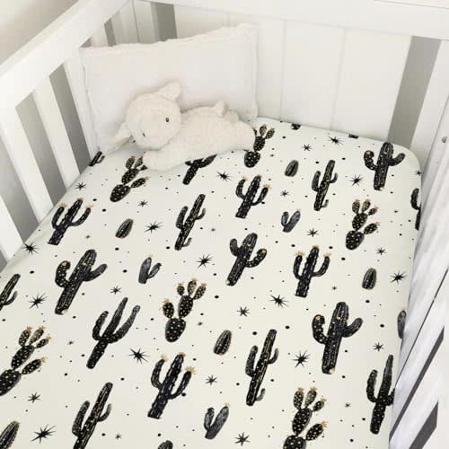 Boho Cactus Baby Crib Sheet 52''x28'' Retro Black Golden Cactus Fitted Crib Mattress Cover Wild Cactus Soft Baby Sheet for Boy Girl Western Plants Nursery Bedding for Standard Crib Toddler Mattress