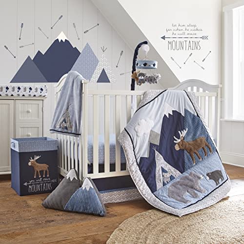 Levtex Baby - Trail Mix Crib Bed Set - Baby Nursery Set - Grey, Navy, White and Blue - Bear Mountains - 4 Piece Set Includes Quilt, Fitted Sheet, Wall Decal & Skirt/Dust Ruffle