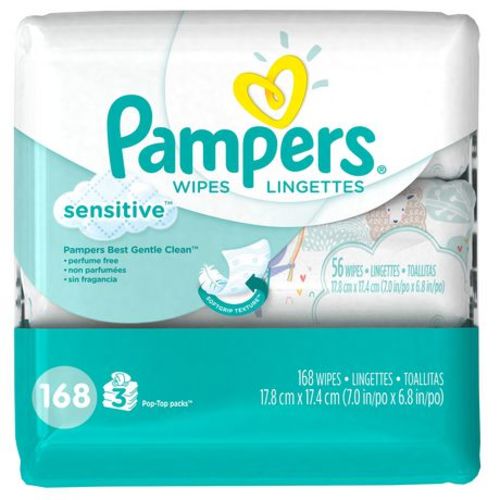 Pampers Baby Wipes Sensitive Perfume Free 2X Pop-Top Packs, 168 Wipes