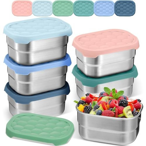 6 Pcs 8oz Multicolor Stainless Steel Snack Containers for Kids Reusable Food Containers with Silicone Lids Metal Toddler Lunch Box for Daycare and School Storage Supplies(Fresh Color)