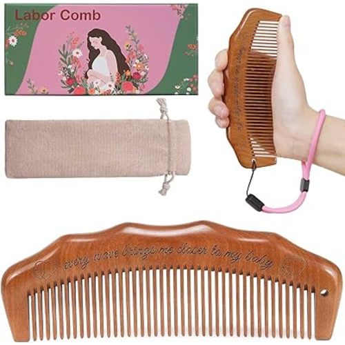 Labor Comb for Pain, Fine Tooth Birth Comb with Wrist Adjustable Strap for Expecting Moms - Peach Wood