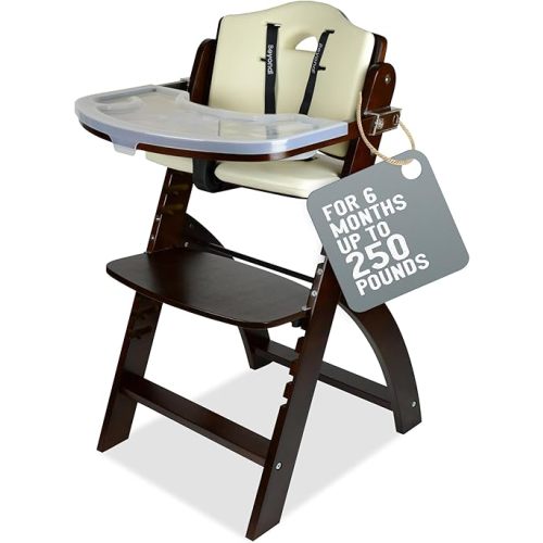 Abiie Beyond Junior Wooden High Chair with Tray - Adjustable and Convertible High Chair for Babies and Toddlers - 6 Months to 250 Lb - Water Resistant - Mahogany Wood/Cream Cushion