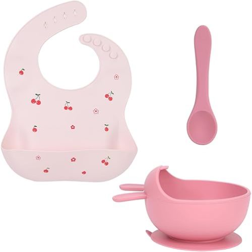 Baby Girl Silicone Bib,Baby Bowl with Suction and Feeding Spoon, Baby Weaning Supplies