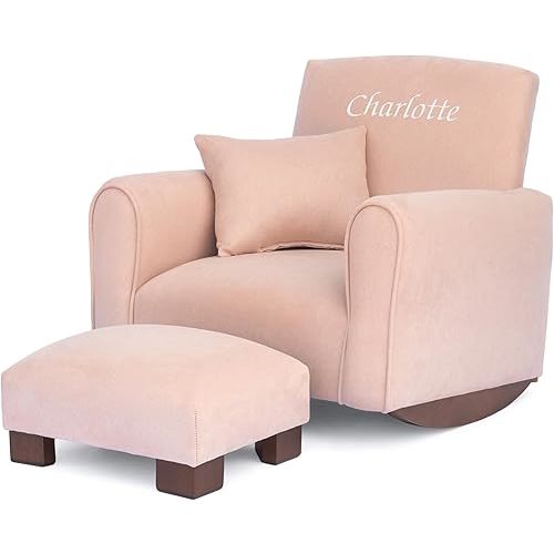 Toddler Personalized Armchair, Kids Upholstered Rocking Chair with Personalization, Toddler Chair with Personalized Name, Comfy Child Armchair, (Blush Suede, Rockers)