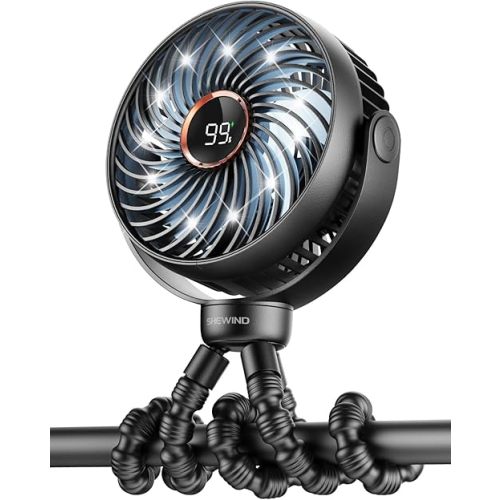 Stroller Fan, LED Light Portable Fan, 3600mAh Battery Operated Small Clip on Fan, 4 Speed Rechargeable Mini Personal Fan Cooling Travel Fan For Car Seat Crib Treadmill (Black)