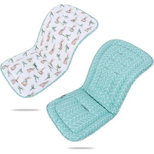 Baby Stroller Cushion,Infant Car Seat Insert-Reversible Universal Breathable and Soft Newborn Stroller Mat,100% Cotton Cover Toddler Seat Pad Liner-34x78cm,1 Pack(Rabbit+Green)