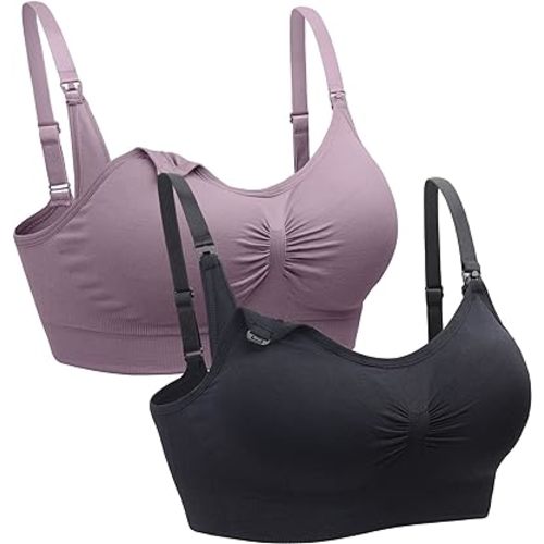 Suekaphin 2PACK Nursing Maternity Bra for Pregnancy Women Breastfeeding Comfortable Sleeping with Extenders - Large - Purplebean+black