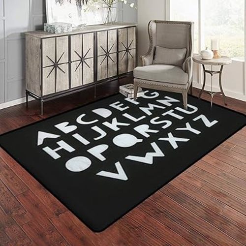 Kids Alphabet White Decorative Typeface Black Scandinavian Font Poster Area Rug Outdoor Patio Rug Play Mat Modern Floor Carpet Non-Slip Home Decor Living Room Kids Bedroom Nursery, 3x5 ft