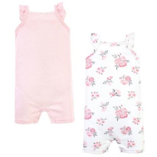 Hudson Baby Infant Girls Cotton Rompers, Pink Floral, 3-6 Months
