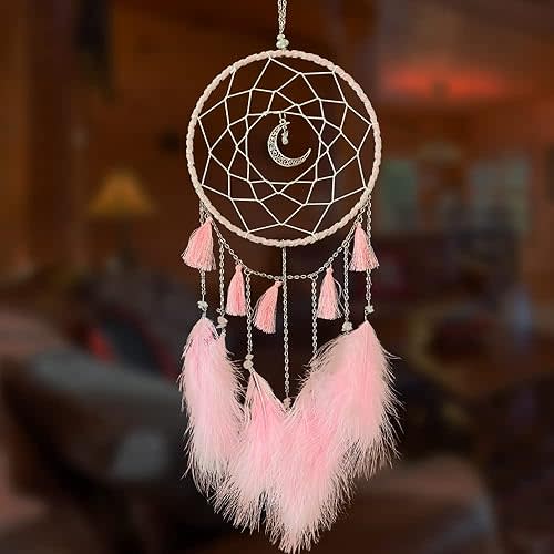 Dream Catcher Handmade Pink Feather Native American Circular Net for Boys Bedroom Wall Hanging Dream Catcher for Girls Kids Nursery Bedroom Decoration Blessing Gift (Pink)