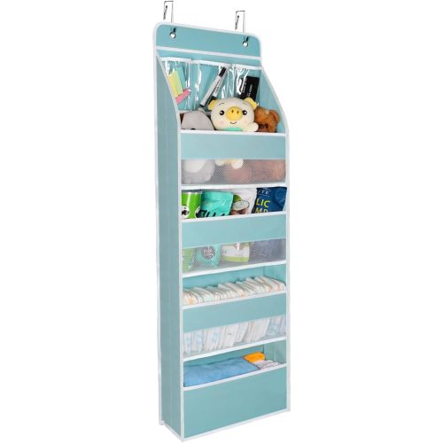 Univivi Door Hanging Organizer Nursery Door Hanging Storage Closet with 4 Large Pockets and 3 Small PVC Pockets Over Door Organizer for Cosmetics, Toys and Sundries (Blue)