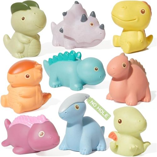 Mold Free Bath Toys, 9 Pack | Sealed, No Hole Bath Toys | Soft, Squeezable & Float on Water | Non-Toxic Easy-Grip Baby & Toddler Bath Toy Set | Baby Gift for Christmas Stocking Stuffers (Dinosaur)