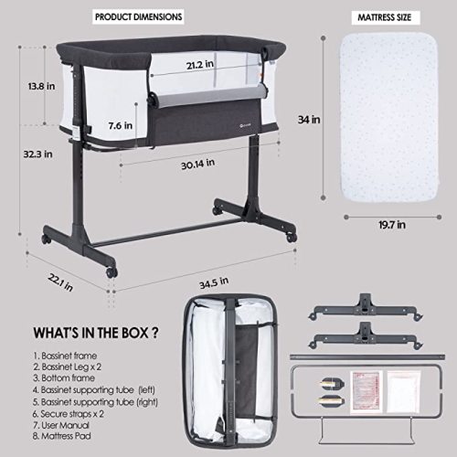 Baby Bassinet Bedside Sleeper with Wheels,Easy Folding Lightweight Crib for Baby/Infants,Breathable Mesh and Adjustable Height - Grey