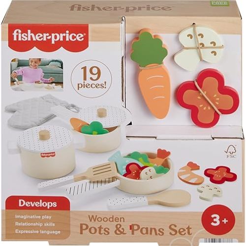 Fisher-Price Wood Kitchen Pretend Play Toy Pots & Pans Set, 19-Piece Playset Wooden, Metal & Fabric for Preschool Kids Ages 3+ Years