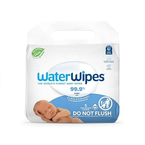 WaterWipes Plastic-Free Original Baby Wipes, 99.9% Water Based Wipes, Unscented & Hypoallergenic for Sensitive Skin, 300 Count (5 packs)
