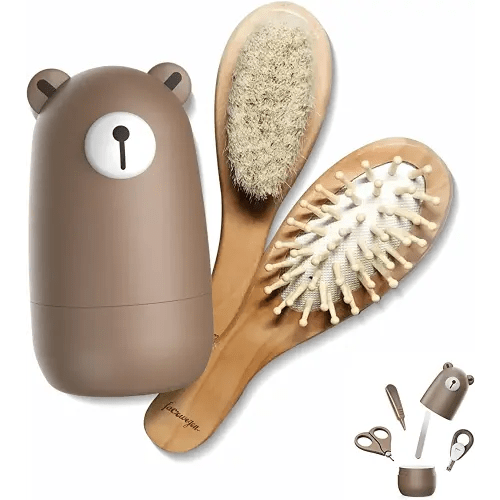 6-in-1 Baby Grooming Set, Natural Wooden Hairbrush and Comb, Nail Clippers,Nail Scissors, Nail File and Tweezers for Kids and Newborns in Nice Gift Box