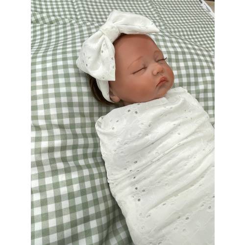 Newborn White Eyelet Swaddle Blanket and Bow headband Set, Receiving Blanket, Headband with Bow, Baby Shower Gift, Newborn Pictures