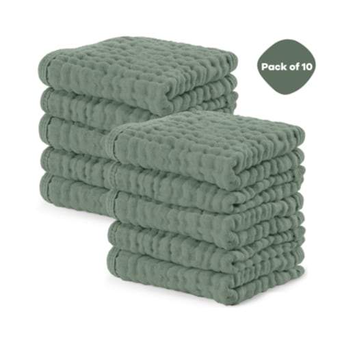 Comfy Cubs Baby Washcloths, Muslin Cotton Baby Towels, Large 10”x10” Wash Cloths (Fern, Pack of 10)