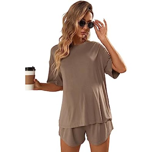 OYOANGLE Women's Maternity 2 Pieces Pajamas Outfits Loose Short Sleeve T-shirt Top and Shorts Loungewear