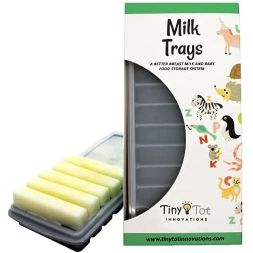 Breast Milk Freezer Storage Trays, 10-1oz Bars, 2 Gray Silicone Tray Containers w/Leak Resistant Lids,