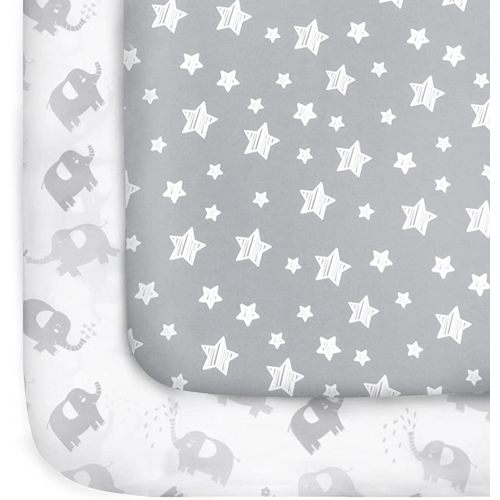 Pack and Play Sheets, 2 Pack Mini Crib Sheets, Stretchy Playard Fitted Sheet, Compatible with Graco Pack n Play, Soft and Breathable Material, Stars & Elephant