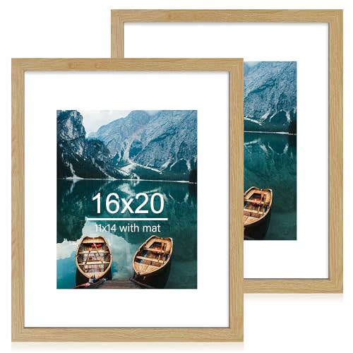 16x20 Frames Set of 2, Natural Oak Wood Style - Display 16 x 20 Picture without Mat or 11x14 Picture with Mat, Wall Mounting Horizontal and Vertical