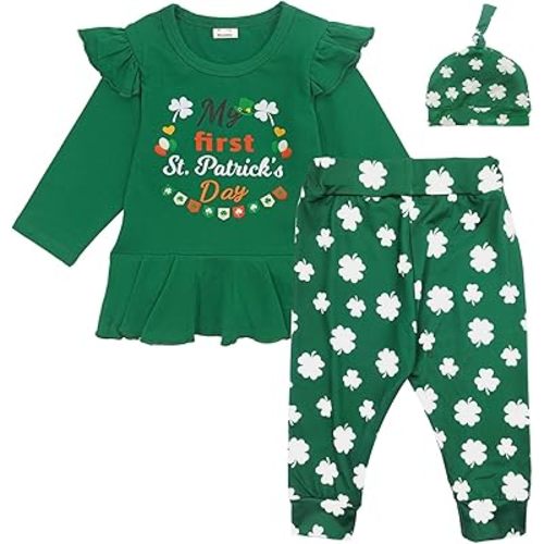 My First St. Patrick's Day Baby Girl Outfit, Newborn Infant 1st St Patrick's Tops Four Leaf Clover Shamrock Pants