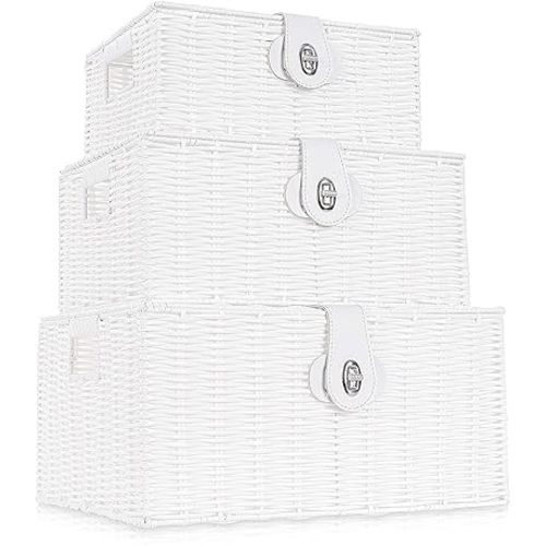 Set of 3 Woven Wicker Storage Basket Box with Lids & Lock, Built-in Carry Handles, Multifunctional Storage Organizer for Nursery, Baby, Clothes, Toys, Books, Large/Medium/Small Size (White)