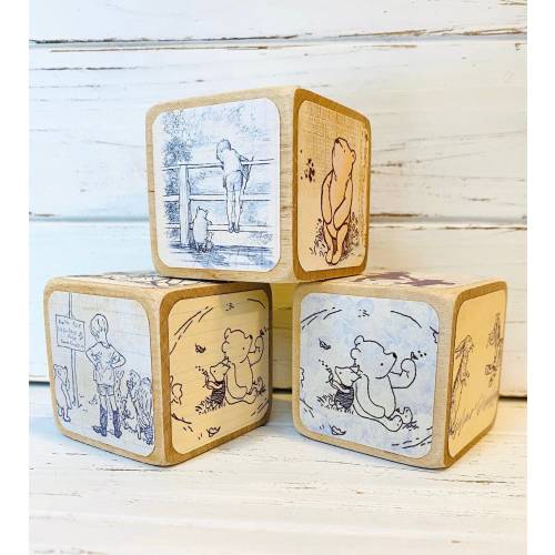 Vintage Winnie The Pooh - Wooden Baby Blocks - Baby Shower Decor - Table Centerpieces - Nursery Room - Book Blocks - 2 Inch