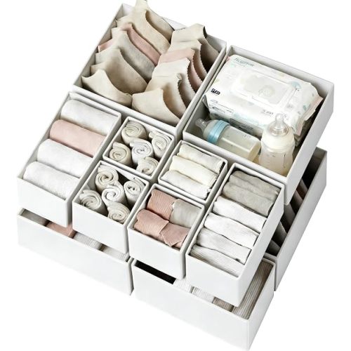 Drawer Organizer Clothes 12 Pack - Fabric Closet Organizers and Storage for Nursery Organization - Dresser Drawer Dividers for Baby Clothes/Socks/Underwear/Bras - College Dorm Room Essentials