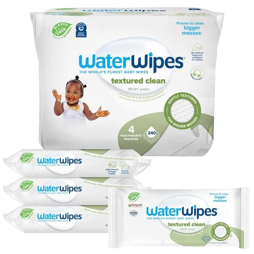 WaterWipes Plastic-Free Textured Clean, Toddler & Baby Wipes, 99.9% Water Based Wipes, Unscented & Hypoallergenic for Sensitive Skin, 60 Count (Pack of 4), Packaging May Vary