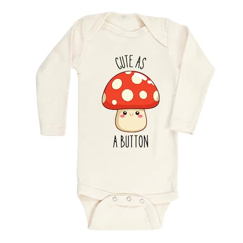 MangoHouse Funny Baby Bodysuit Cute as a Button Mushroom Baby Cotton Custom Baby Clothes Unisex Baby Announcement Onesie for Boys and Girls (Long Sleeve Natural, 3-6m)