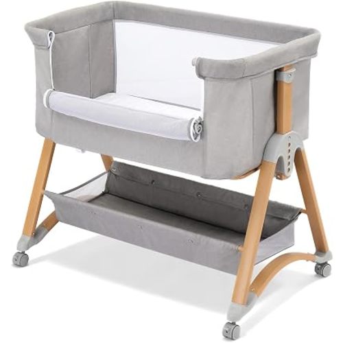 Ktaxon Baby Bassinet Bedside Bassinet, Baby Cradle with Machine-Washable Sheets, Four-Sided Breathable Mesh, 6 Height Adjustable, 360°Swivel Wheel with Brake, Elegant Wood Grain Leg (Light Grey)