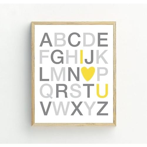Alphabet Print Art, Nursery Grey And Yellow Decor Poster Wall Alphabet Poster Art, Nursery Grey And Yellow Decor Print Wall,240