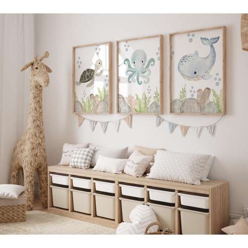 Set of 3 Underwater Prints, Turtle Wall Art Set, Whale Posters, Modern Art, Kids Bedroom Decor, Boy Nursery Decor, Playroom Prints