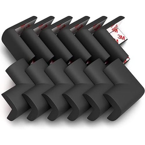 12-Pack Corner Protectors Baby Proof, Furniture Corner and Edge Safety Bumpers, Soft Rubber Foam Cushion Covers, 3M Taped Corner Guards, Baby Child Proofing Pads, Table Corner Protectors, Black