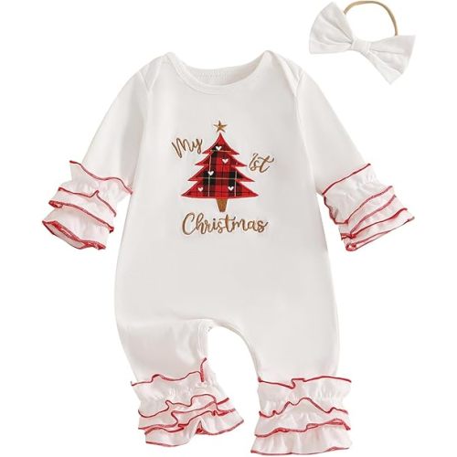 My First Christmas Baby Girl Outfit Santa Long Sleeve Romper Jumpsuit Onesie Christmas Newborn Girl Outfits Clothes