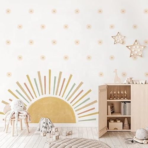 Large Boho Half Sun Wall Decals Peel and Stick, Watercolor Sun Decal Sunrise Wall Stickers, Boho Starburst Wall Art Decor for Girls Kids Room Playroom Nursery Bedroom Classroom